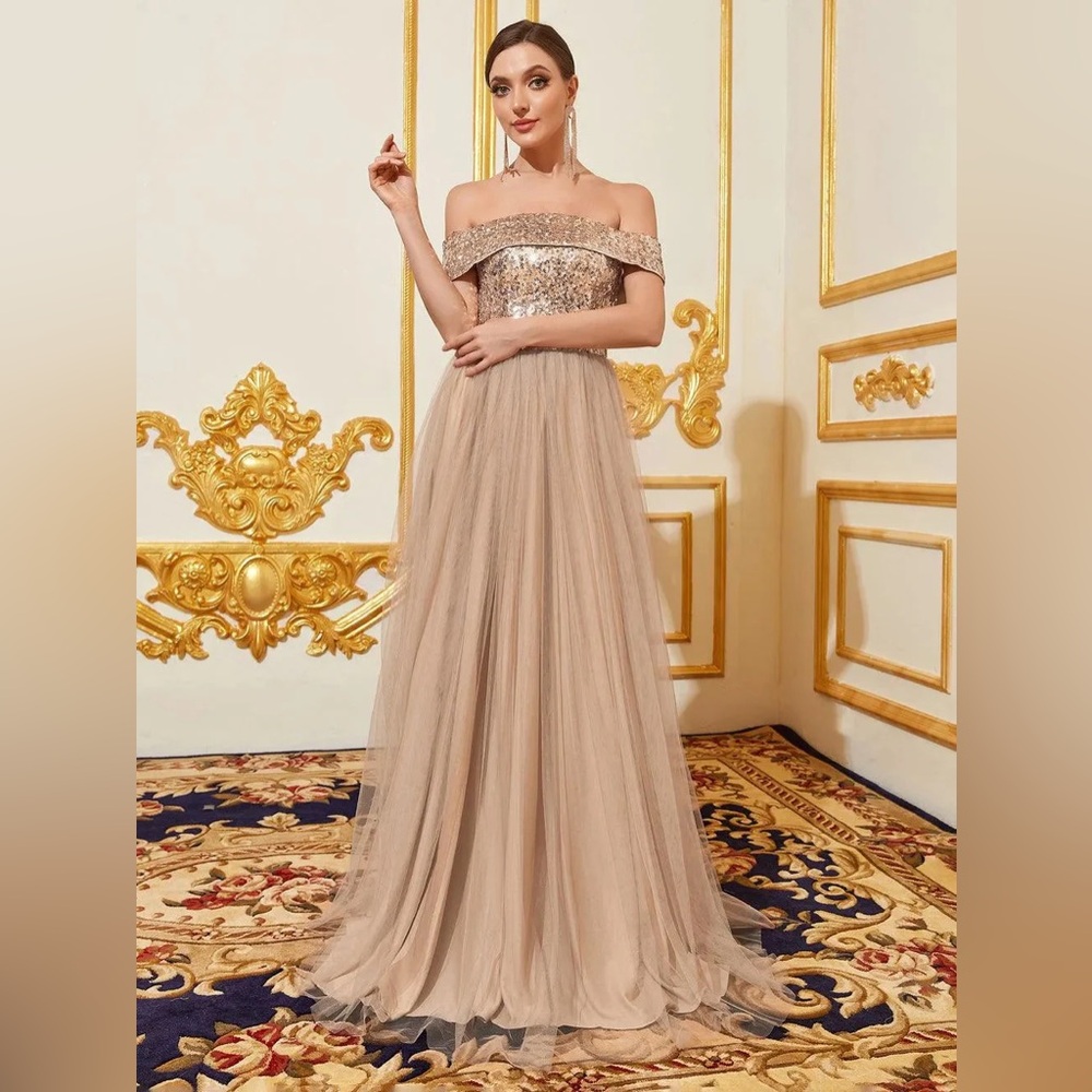 Faeriesty Sequin Bodice Tulle Prom Dress‎ Off Shoulder Formal Gown Evening Party